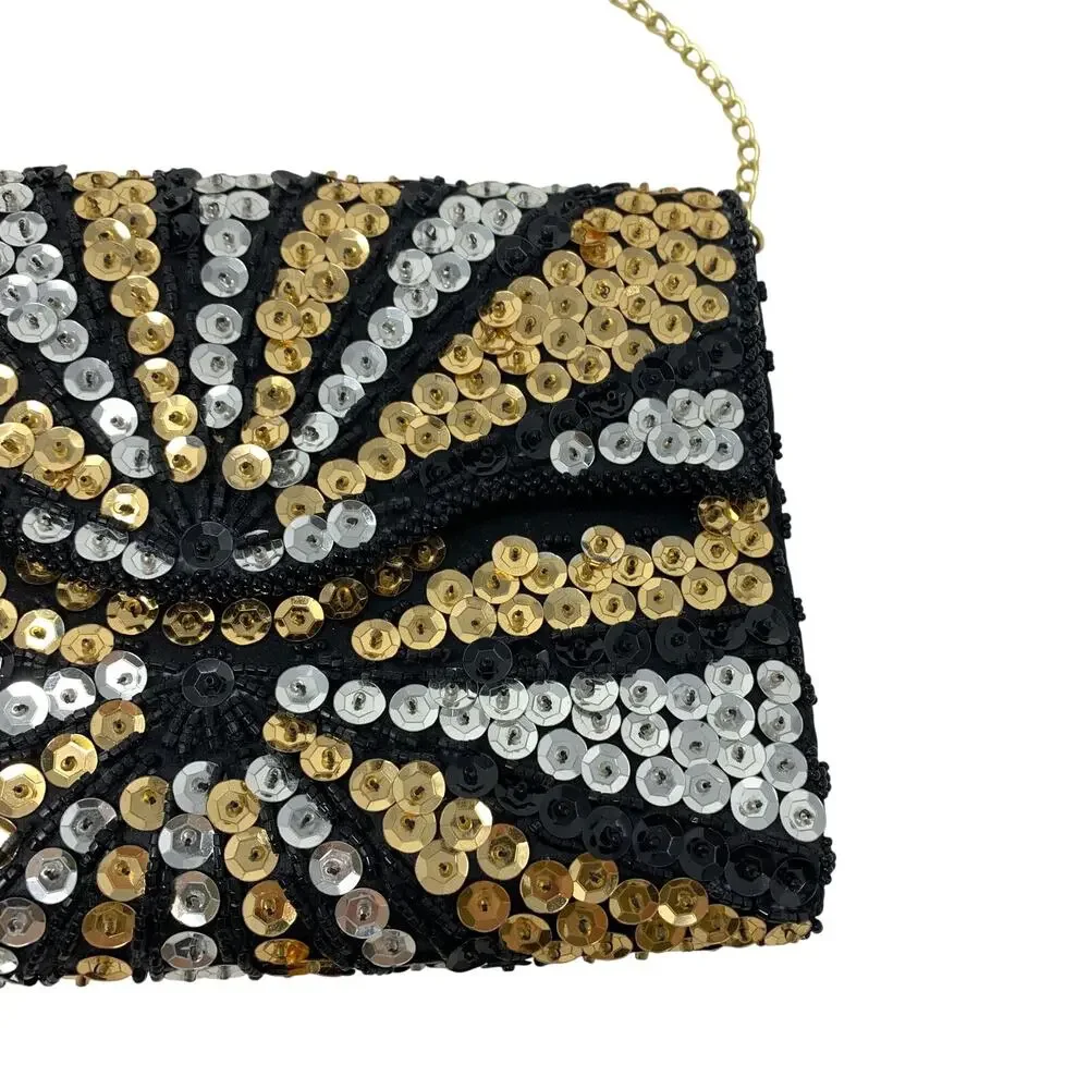 Vintage Regale LTD Black Gold Silver Sequin Beaded Evening Clutch Chain Purse